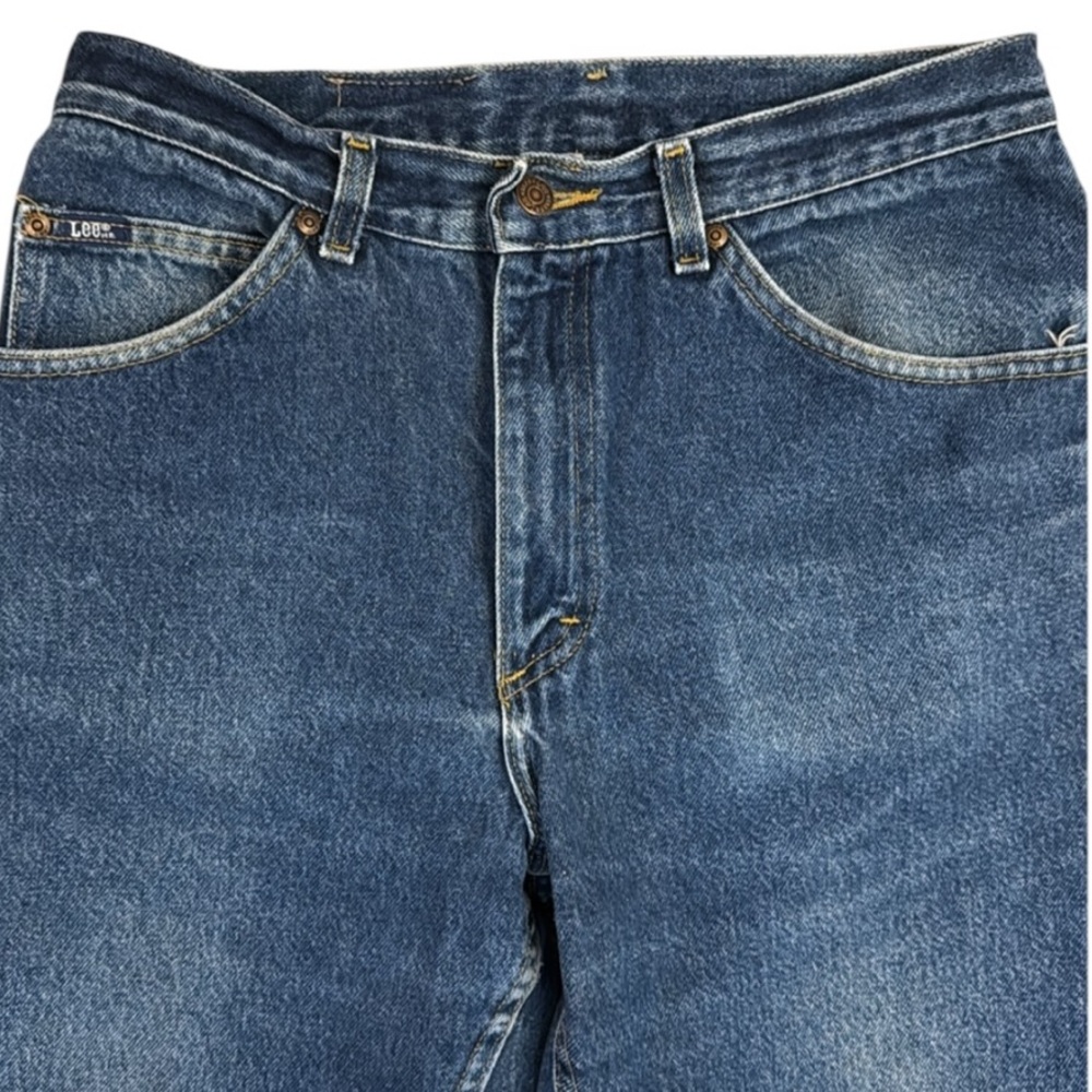 Vintage 90s Lee Straight Leg Jeans 100% Cotton Dark Blue Patch 1889 Button 31x33 - Picture 3 of 14